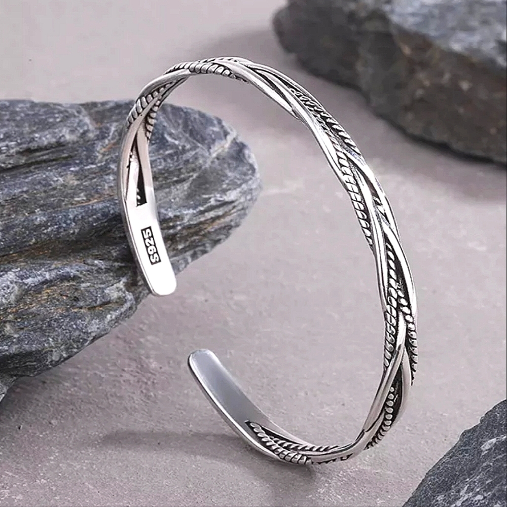 Twisted Sterling Silver Bangle Cuff Bracelet Matching Ring Set - Picture 4 of 7